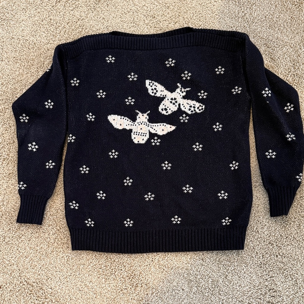 LOFT Navy Crewneck Sweater with White Moth Pattern